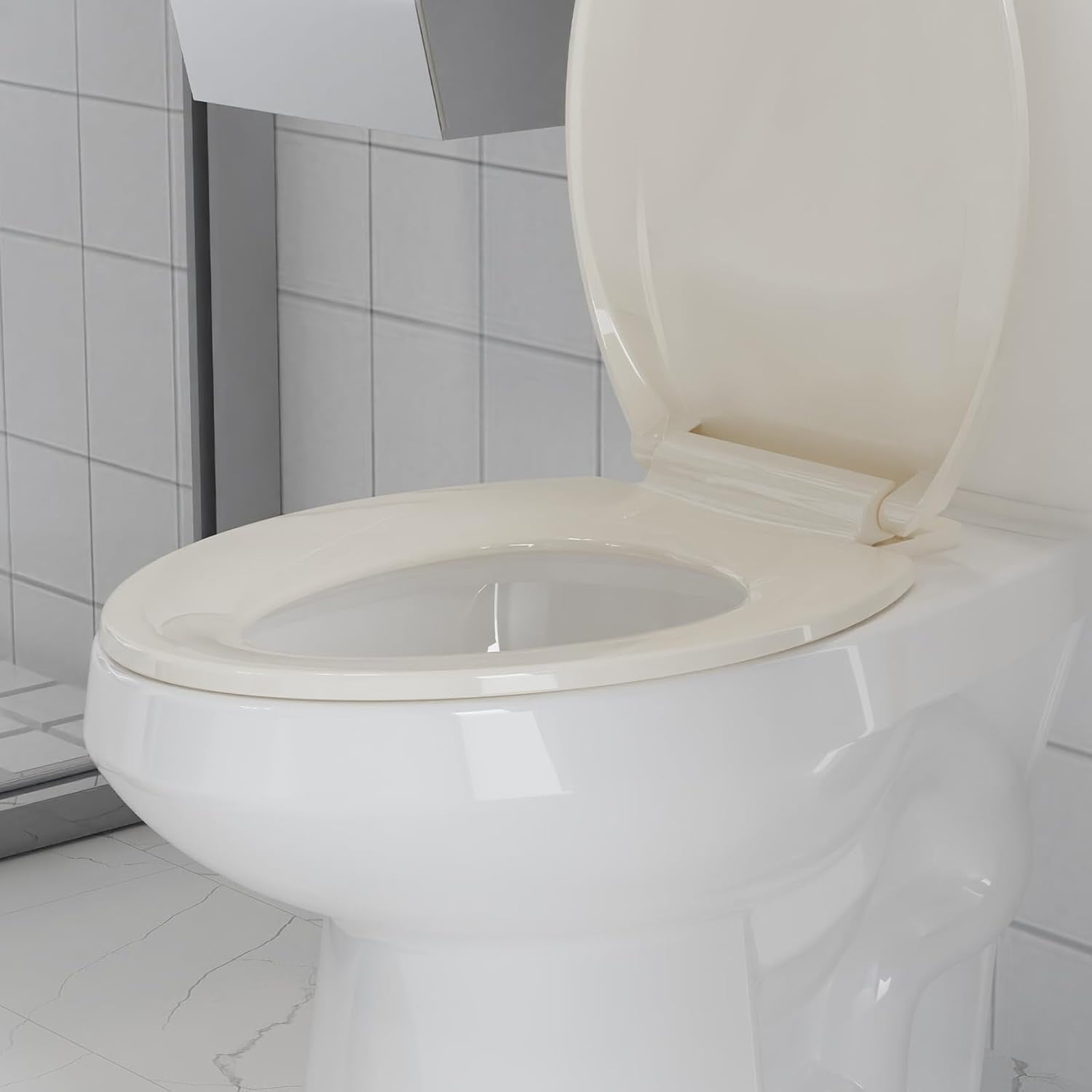 Hetoy 19-Inch Round Toilet Seat, Slow-Close Toilet Seat, Easy to Clean and Stain Resistant, Plastic Toilet Seat with Lid, Quick-Release Hinges and Quick-Connect Hardware, Almond Color