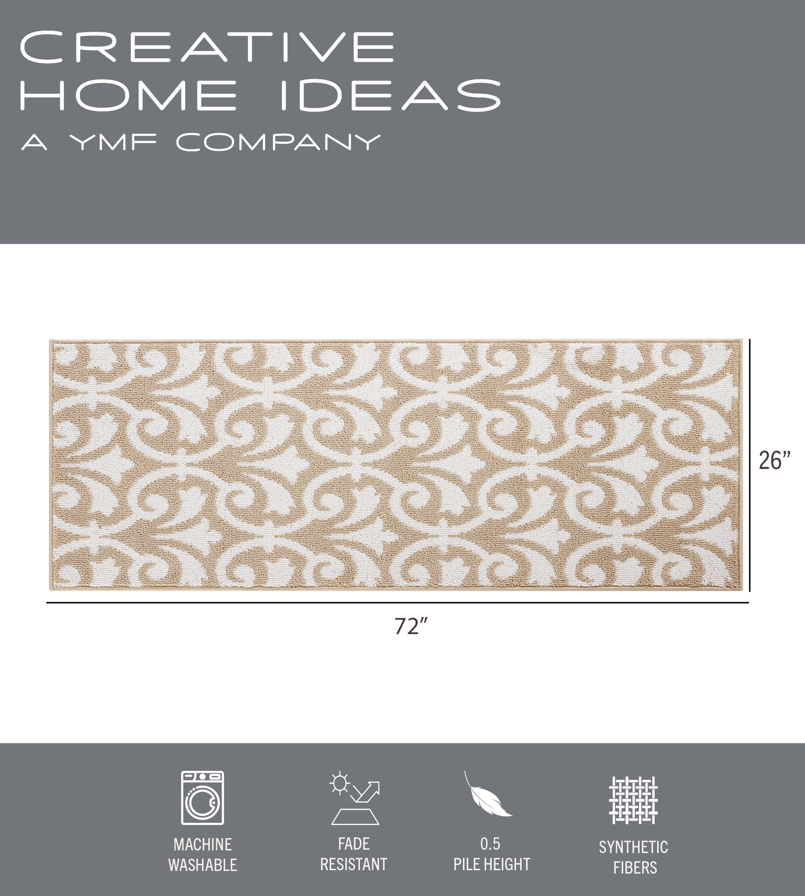 Washable Skid-Resistant Runner Rug, Floral Scroll, Beige and White, 26" x 72"