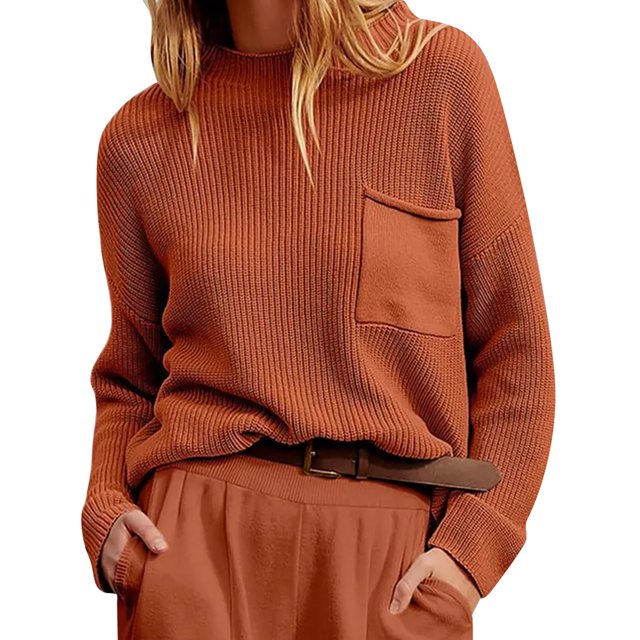 Gibobby SuéTer Para Mujeres De Moda Suéter de punto con bolsillo de manga larga y cuello redondo para mujer, Color sólido, Otoño Invierno, estilo perezoso(Rojo,XG)