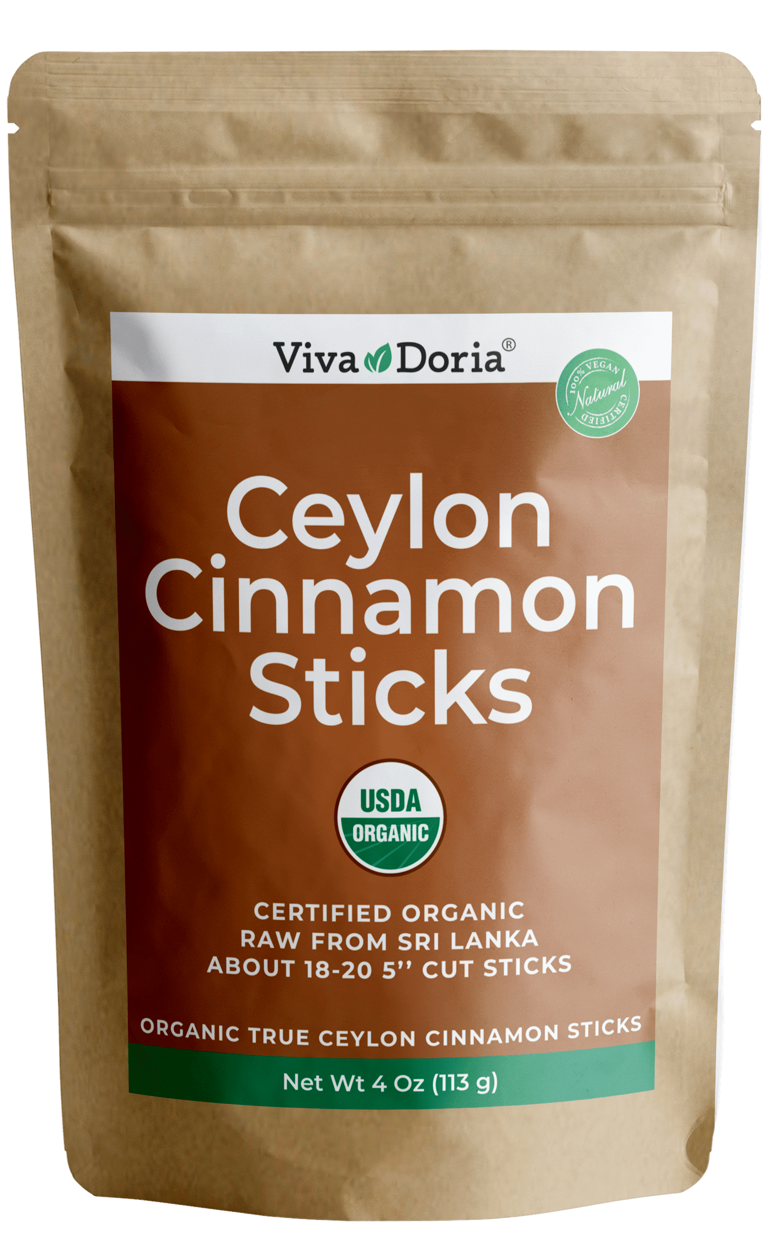 Viva Doria Certified Organic True Ceylon Cinnamon Sticks, Alba Grade, Sri Lanka 5 Inches (4 Oz) (Approx: 18-20 Sticks)