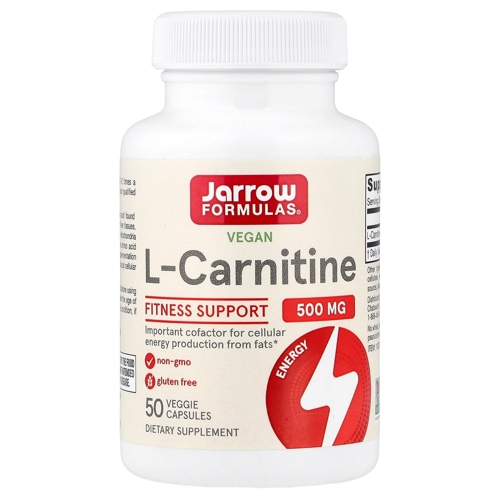 Jarrow Formulas Vegan L-Carnitine, 500 mg, 50 Veggie Capsules