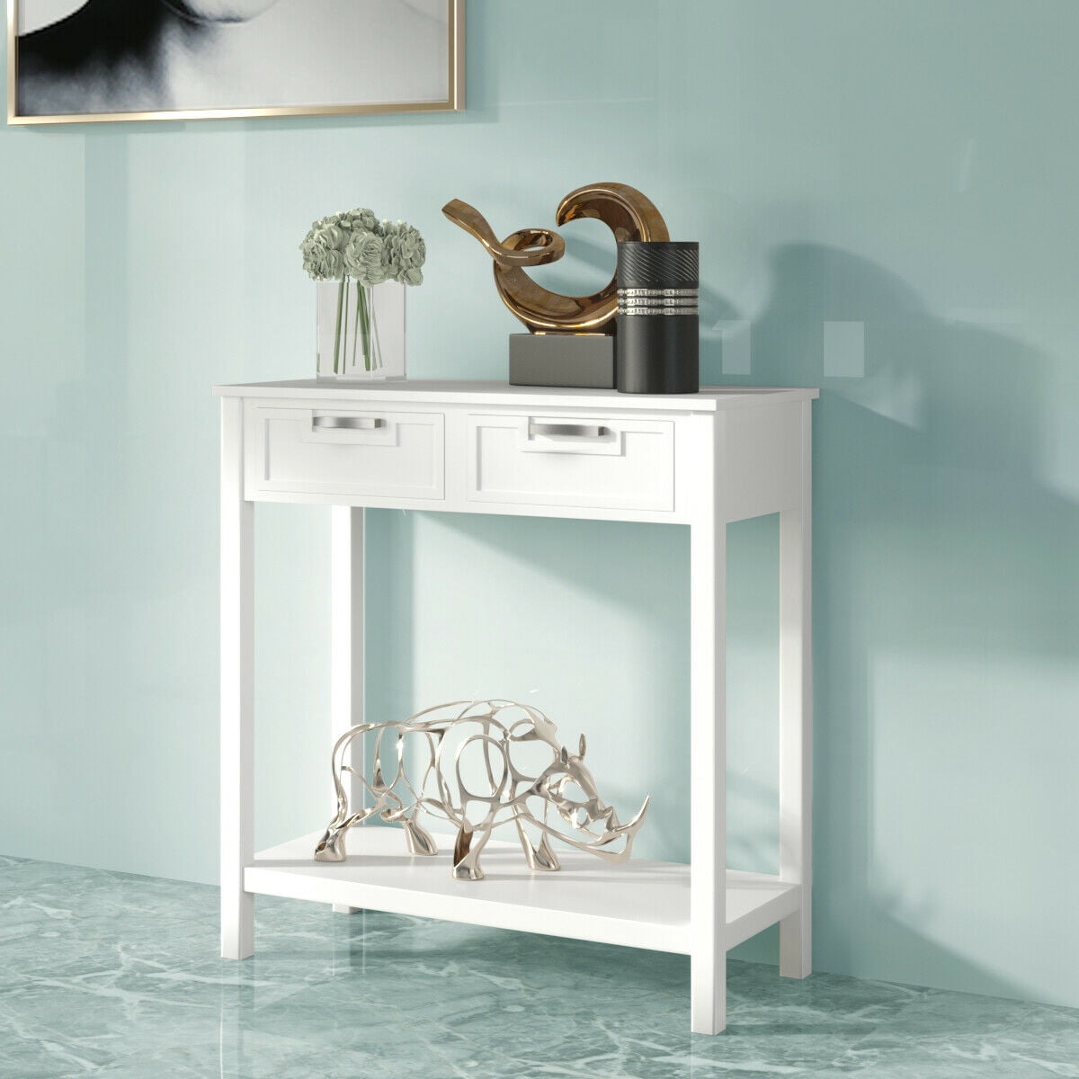 Gymax Console Table with 2 Drawers, White