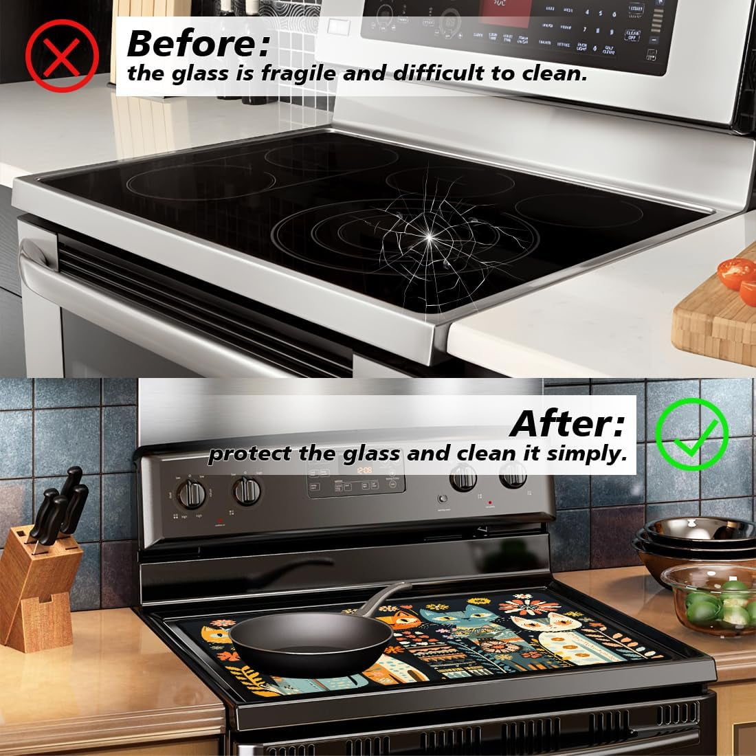1set Electric Stove Cover 20.47x28.35" Stove Top Cover for Electric Stove Foldable Glass Cooktop Protector Non-Slip Top Protector Mat for Electric Stove Washer and Dryer (Cute Cat) Colorful