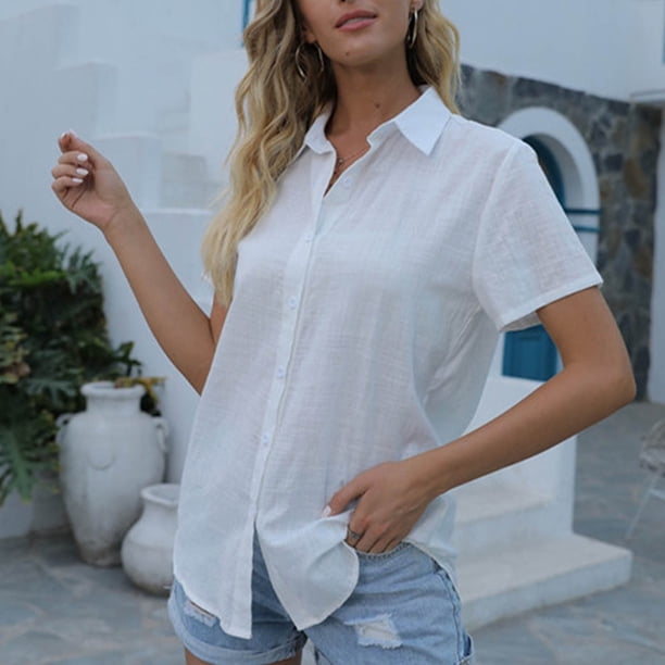 mfyjkho Tops De Moda Para Mujer, Blusa De Manga Corta Con Cuello Vuelto De Lino Sintético De Color Liso Para Mujer Tops De Tallas Grandes Xxl