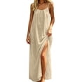 thumbnail image 4 of Bysome Women Dress Solid Color Sleeveless Round Neck Slit Dresses Summer Casual Women Dresses Size L Beige, 4 of 8