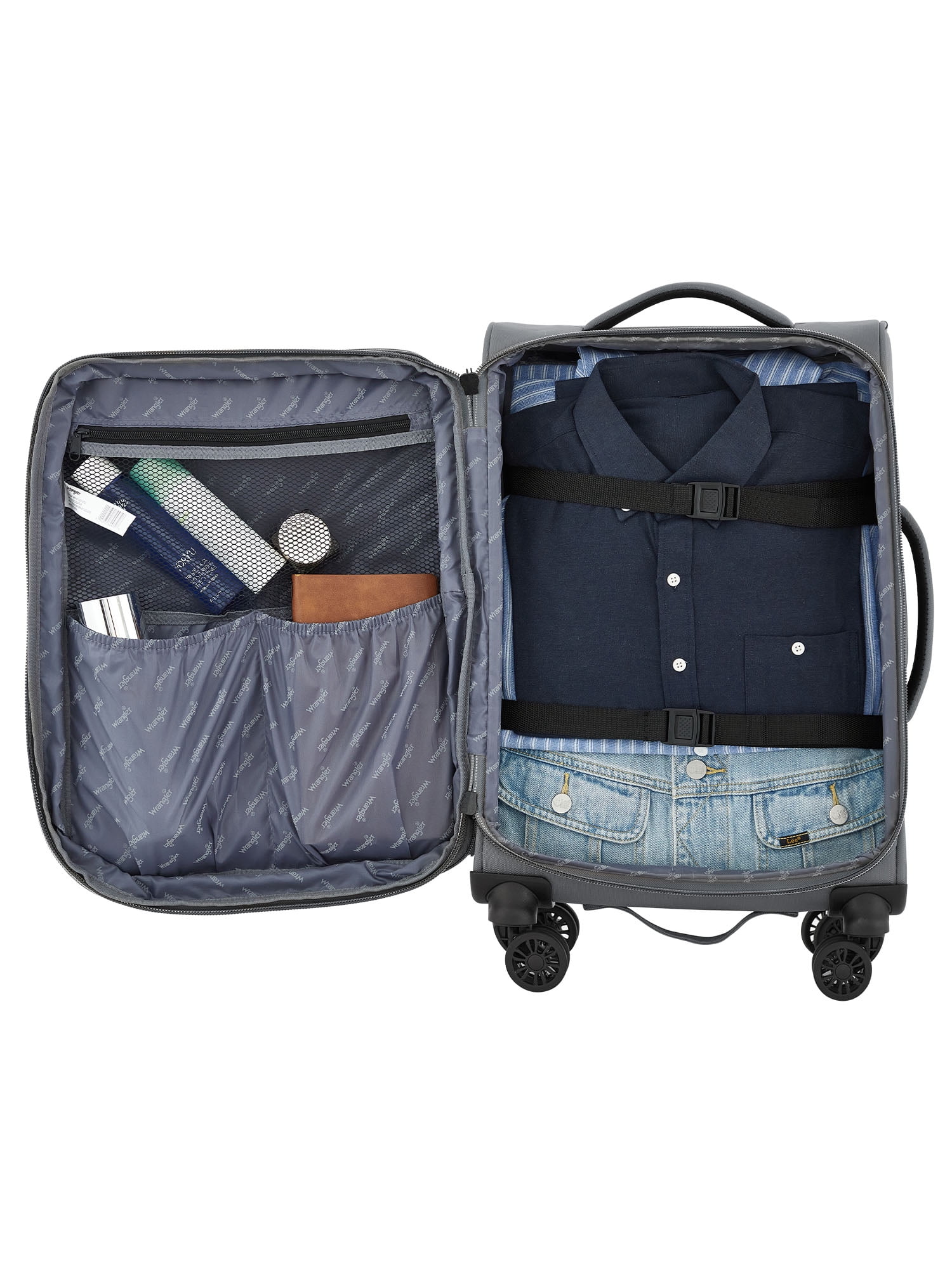 Wrangler 20-inch Soft-Side Expandable Rolling Carry-on with 8-Wheel Spinner System, Sharkskin Grey