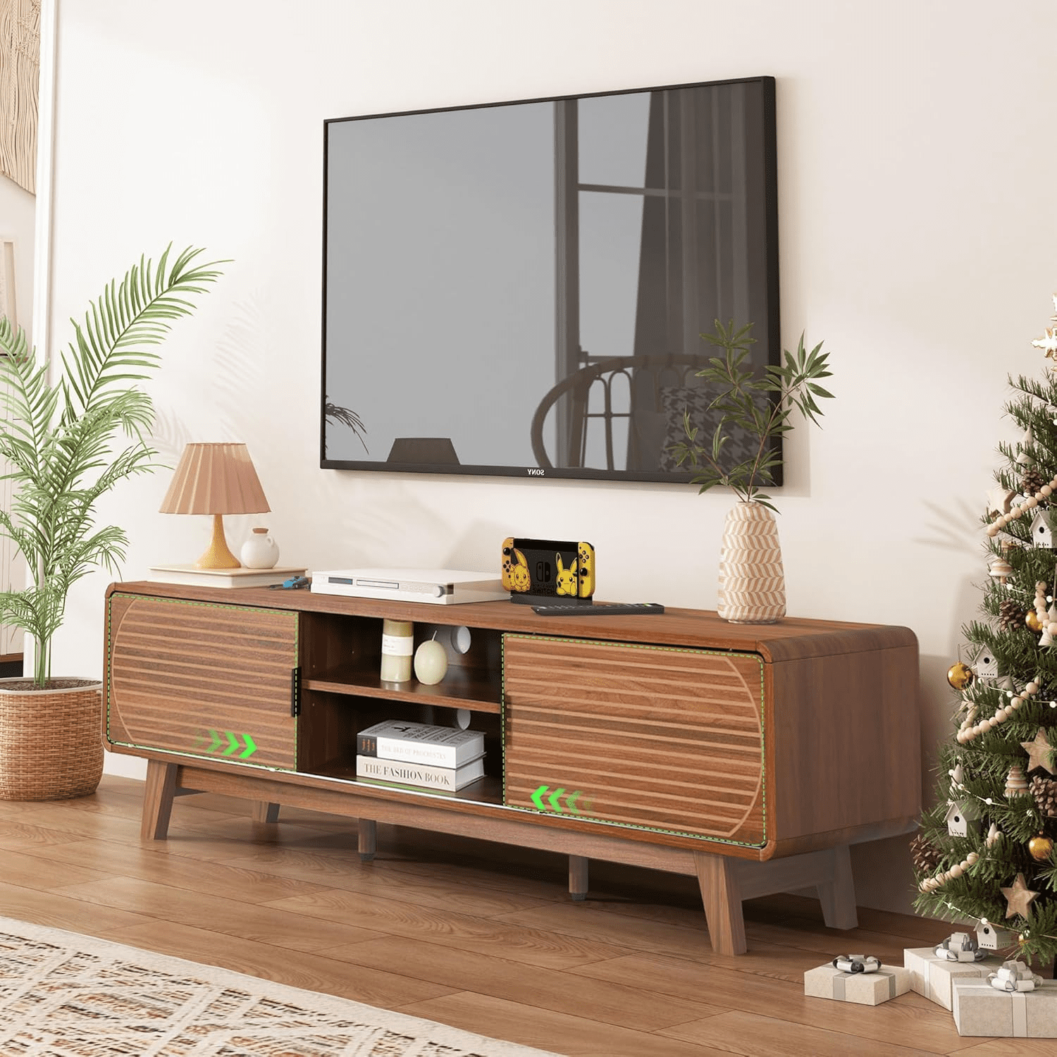 LEFHDA 62" TV Stand for 60/65/70 Inch TV, Mid Century Modern TV Console, Entertainment Center Console with Storage, Engraving Design TV Stand for bedroom & Living Room (Walnut）
