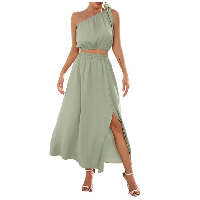 Vestido informal de dos piezas con abertura sólida para mujer, conjunto de blusas sin mangas con lazo y hombros caídos, trajes Wmkox8yi bvn3500