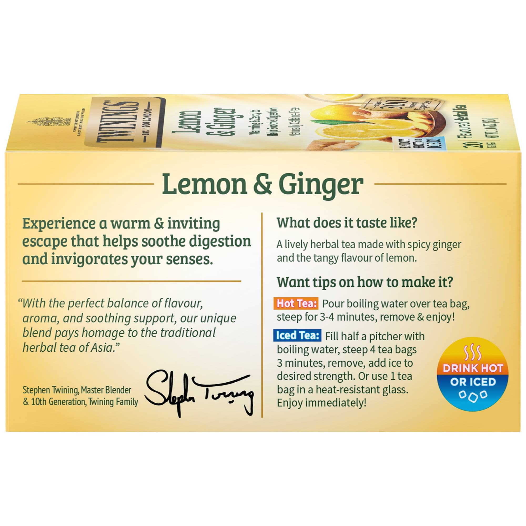 Twinings Lemon & Ginger Herbal Tea Bags, Caffeine Free, 20 Count Box-Pack Of 4