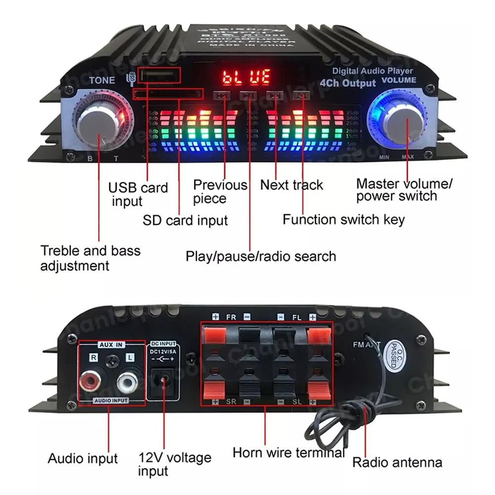 QHUDLV 4‑Channel HiFi Stereo Car Amp,Bluetooth Radio USB Music Player