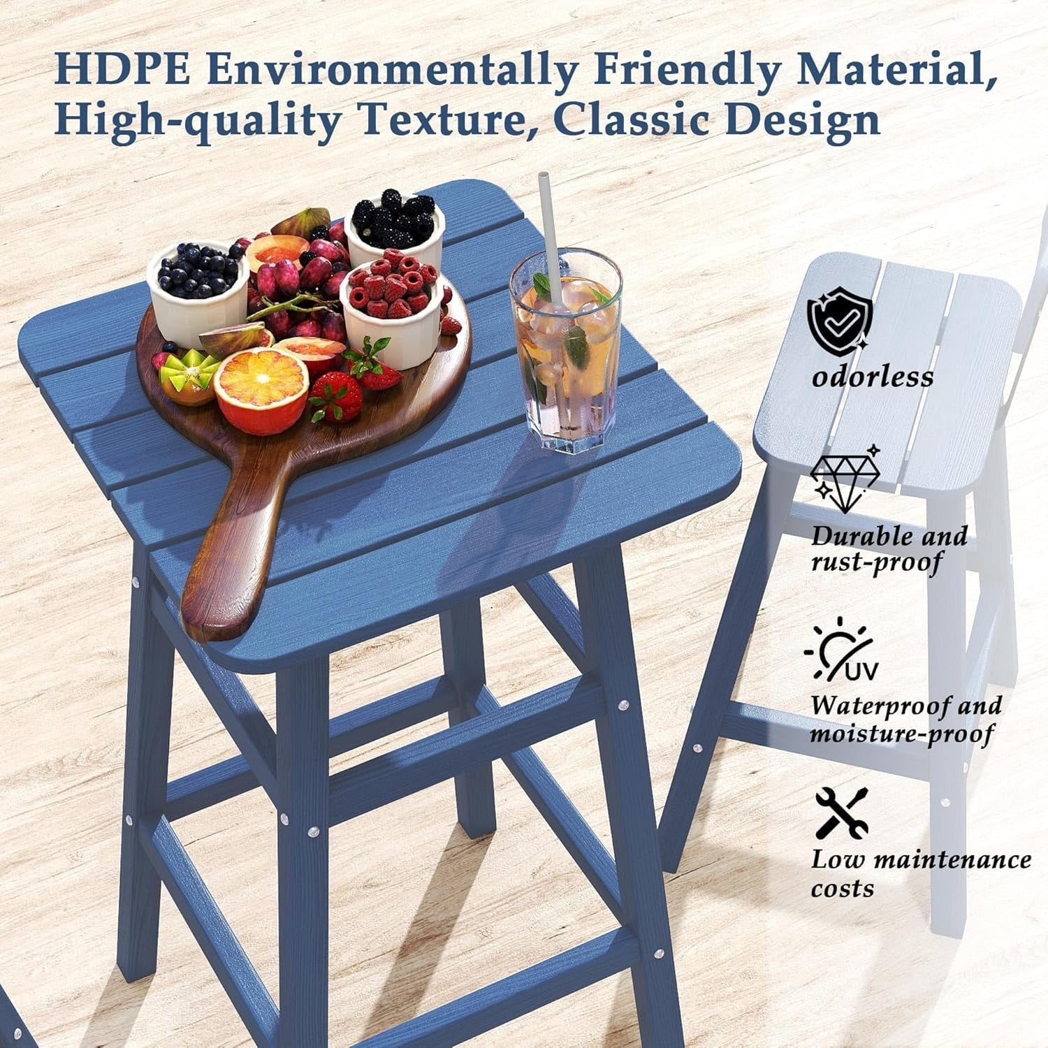 Outdoor Bar Table, HDPE Patio Bar Height Table, All Weather Bistro Pub Table for Deck Porch Backyard Garden, Navy Blue