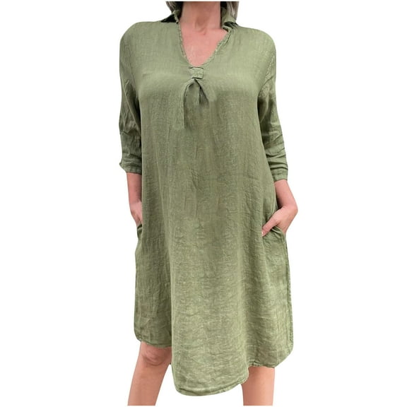 LLYwey s Cute Dresses for Women Fashion Casual V-Neck Mid-Length 3/4 Sleeves Solid Color Dress New Fall Dresses Green-1 Xl