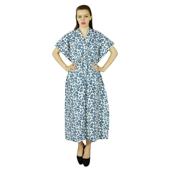 Bimba Women Blue Cotton Long Kaftan Floral Printed Custom Caftan Night Gown