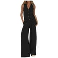 thumbnail image 2 of Riforla Women's 2 Piece Cotton Casual Outfits Womens Button Sleeveless Vest Shirt Straight Wide Leg Trousers with Pockets Pants Sets Black L, 2 of 5