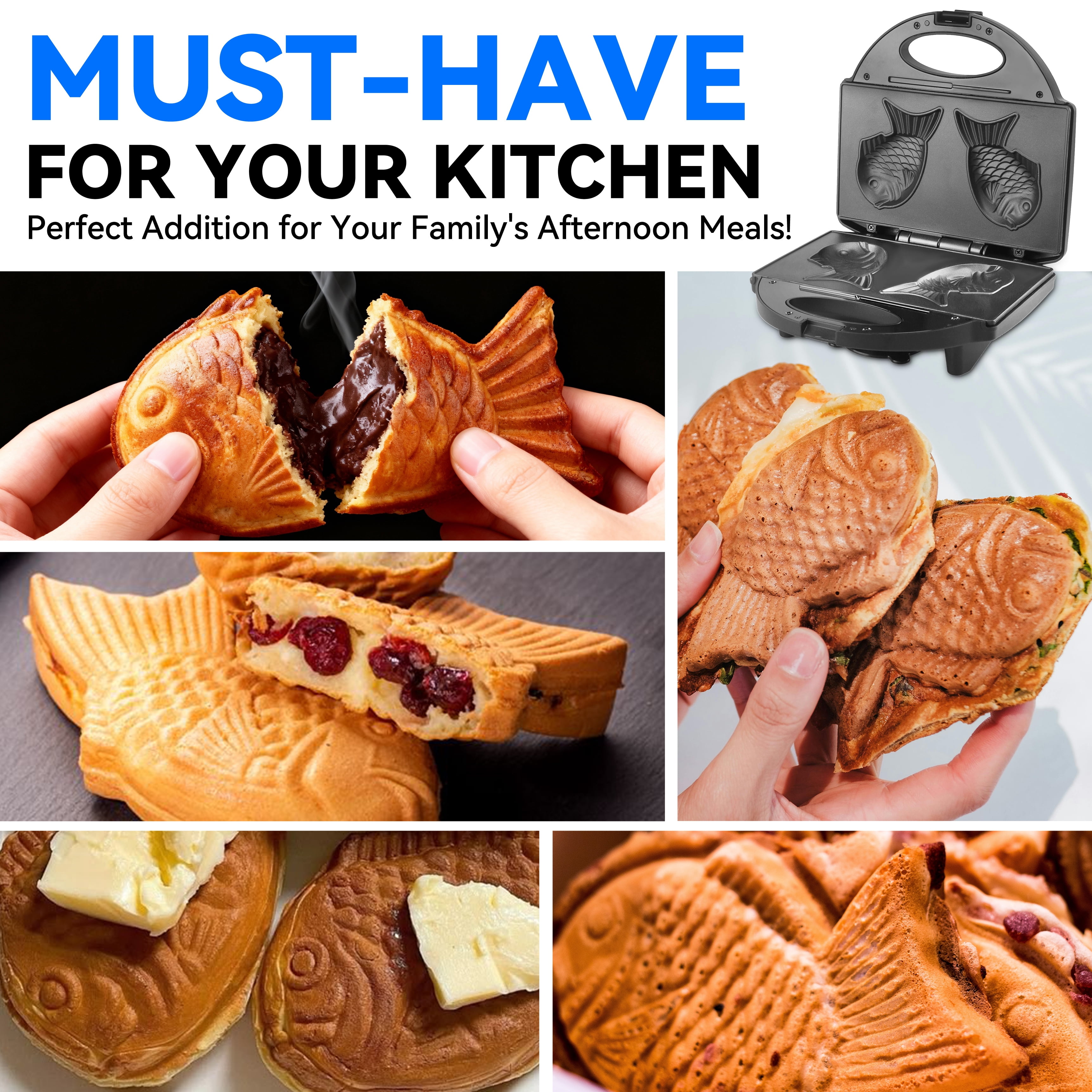 Mailand Taiyaki Fish Waffle Maker Machine,  Electric Taiyaki Maker,   Small Waffle Maker for Kids & Family, 2 Per Batch Fish-shaped Taiyaki, Non-stick Surface