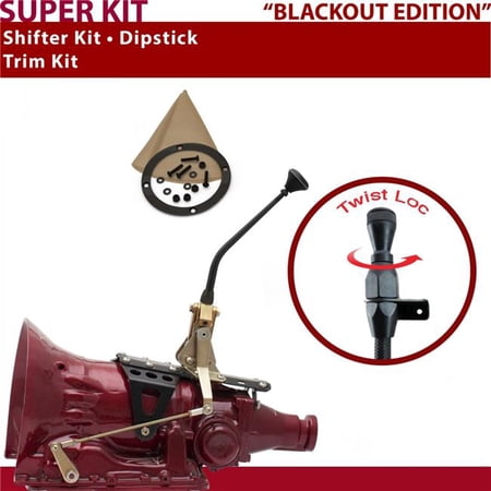 American Shifter C6 Shifter Kit 10 in. Trim Kit Dipstick Black Push Button Tan Boot Ringed Knob for D7331