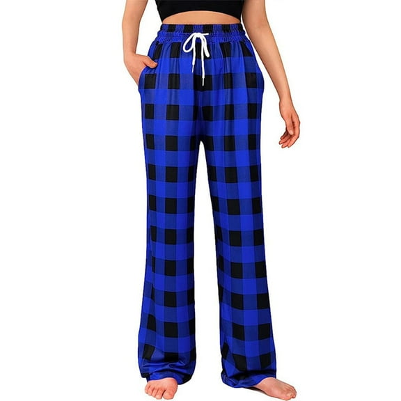 WREESH Womens Wide Leg Pants Fashion Casual Loose Pocket Drawstring Printing Trousers Pajama Pants Blue