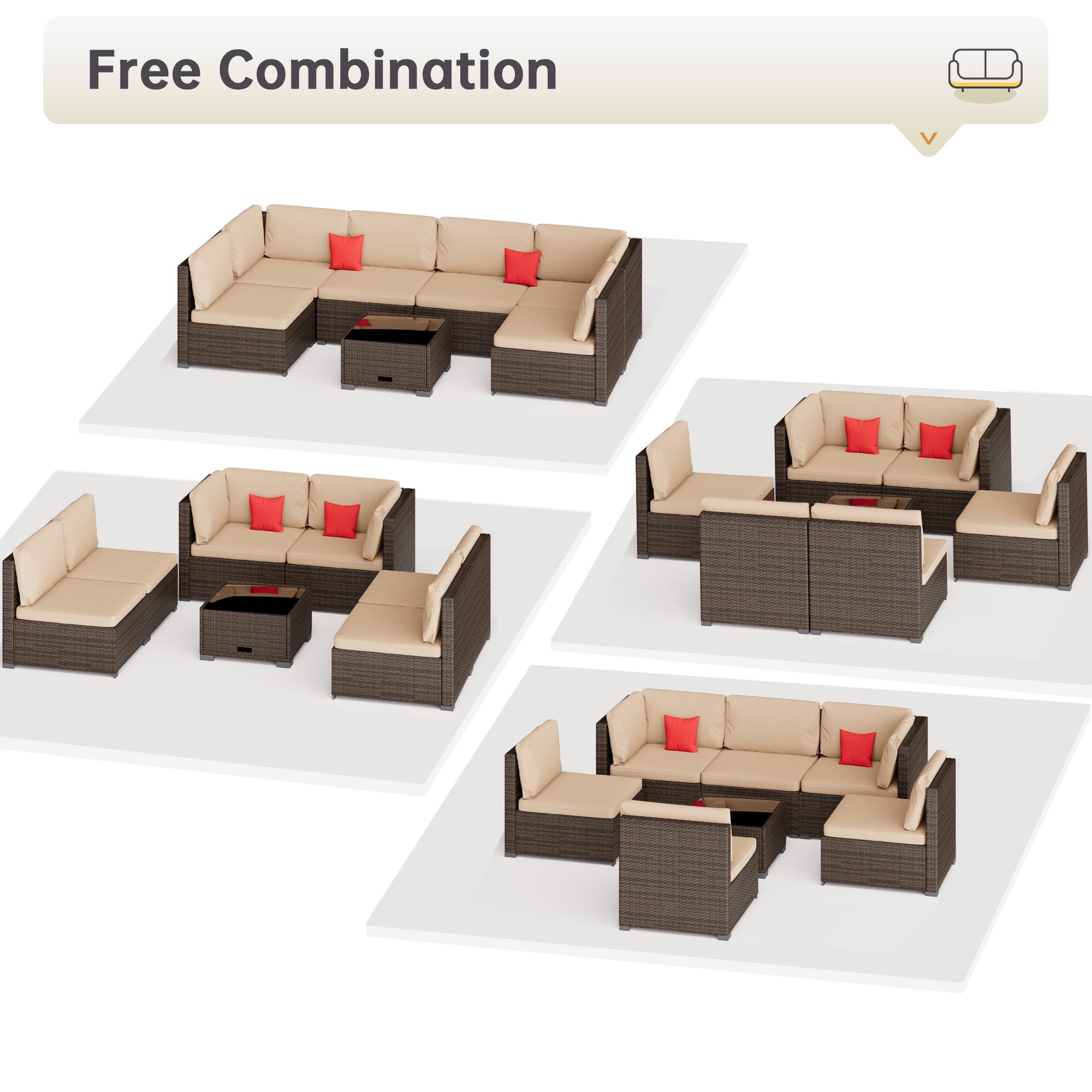 LHBcraft 7-Piece Outdoor Patio Furniture Set, All-Weather PE Rattan Sectional Sofa with Cushions and Coffee Table