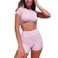 thumbnail image 1 of Biekopu Women's Summer Slim Loungewear Set, Flower Print Short Sleeve Cropped Tops + High Waist Shorts, 1 of 6