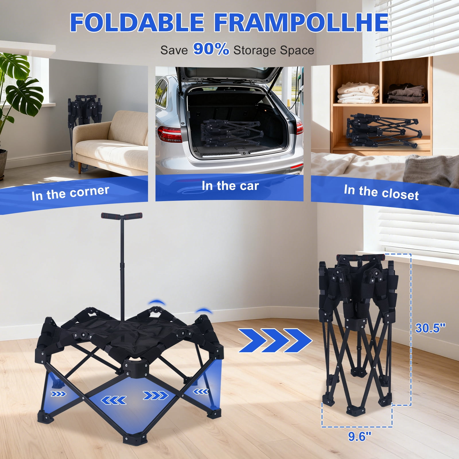 HooKung 37" Foldable Mini Trampoline, One-Step Fold & Open, Rebounder Trampoline for Adults, 330lbs Max Load, 3-Level Adjustable T-Bar, Indoor & Outdoor Workout