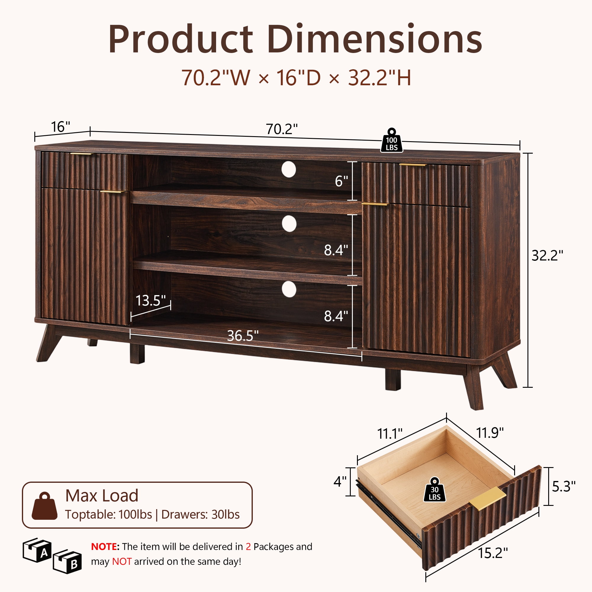 KeyWhat 70" Mid-Century Modern TV Stand for 75" TV, Fluted Doors, Drawers & Adjustable Shelves