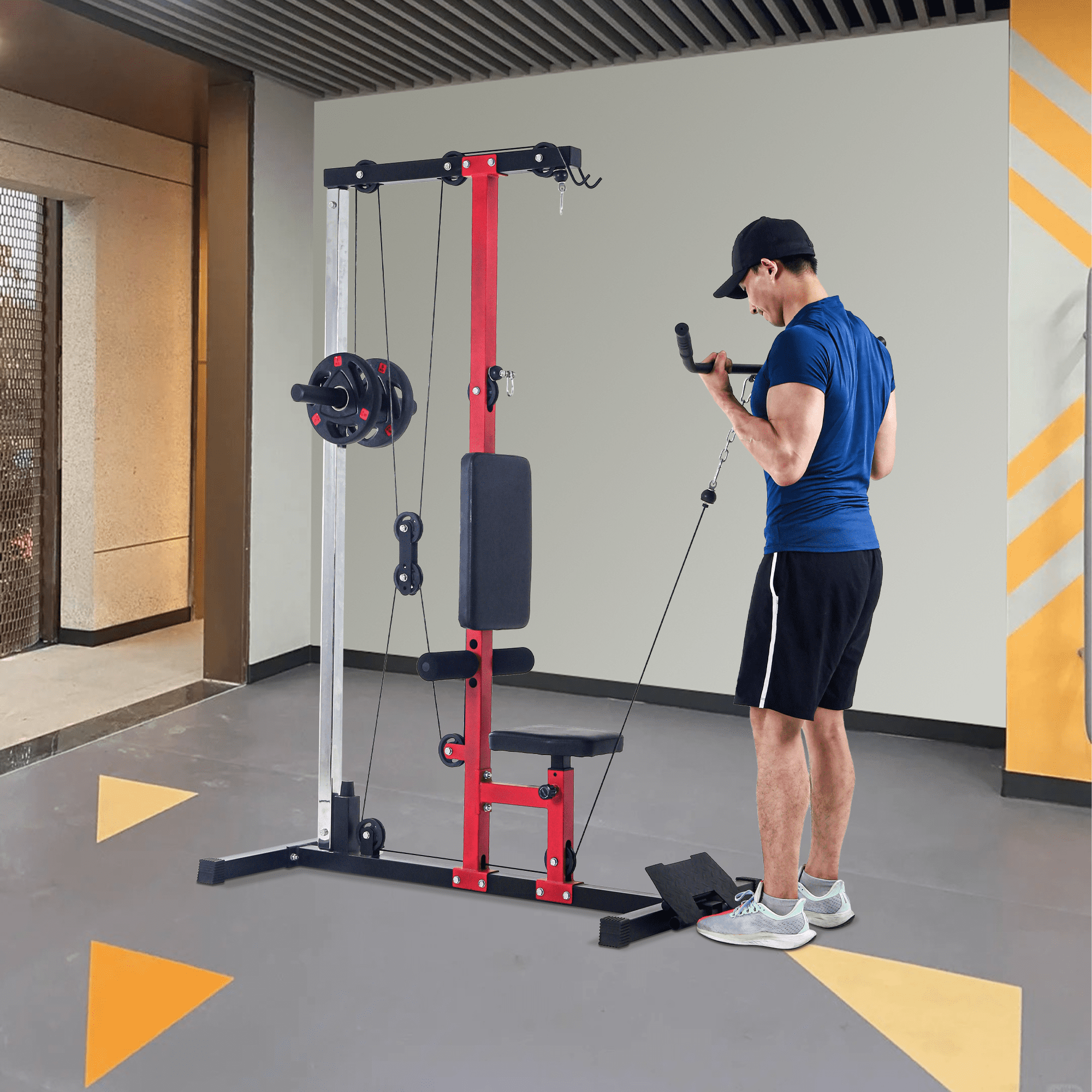 LAT Power Cable Machine, LAT Pull Down Machine with High and Low Pulley Station and Adjustable Leg Support, Back Exercise Equipment for Home Gym Body Strength Training
