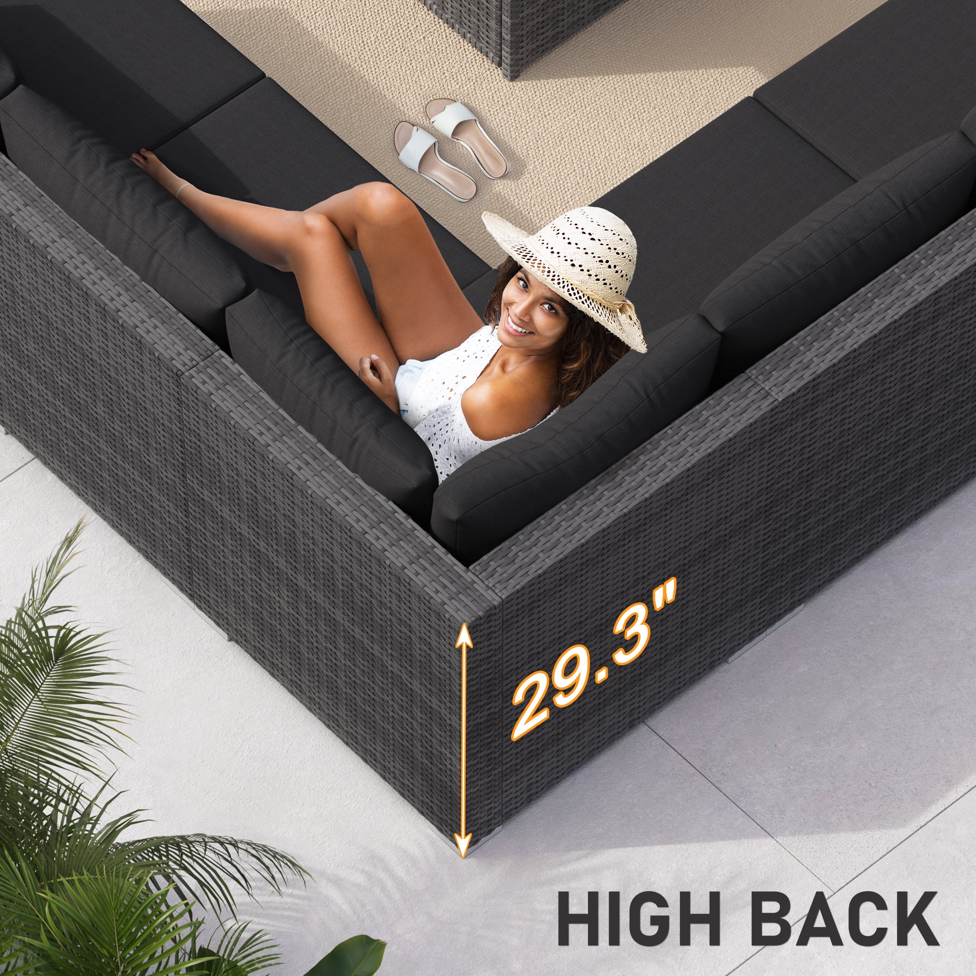 RADIATA 10-Piece Patio Furniture Set with Fire Pit Table, Outdoor Sectional with 43" 60000 BTU Firepit Table, Double Chaise Lounge, High Back Wicker Outdoor Sectional with Fire Pit Set,Black