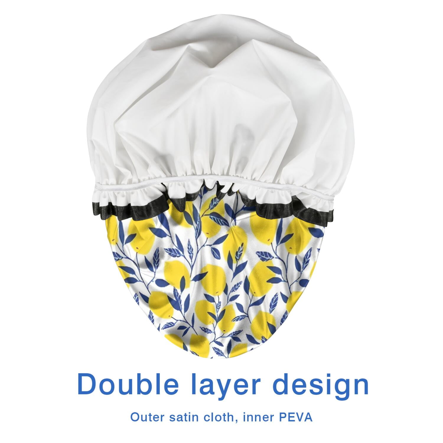 Shower Caps,Yellow Lemon Fruit Leaves White Pattern Waterproof Shower Cap for Women 4 Pieces,Double Reusable Hair Cover for Shower PEVA Elastic Stretch Hem