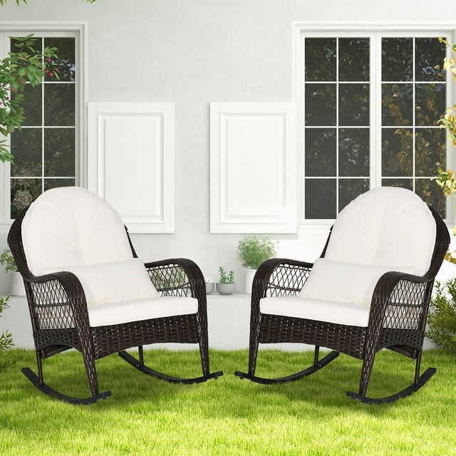 Costway 2PCS Patio Wicker Rocking Chair W/Seat Back Cushions & Lumbar Pillow Balcony