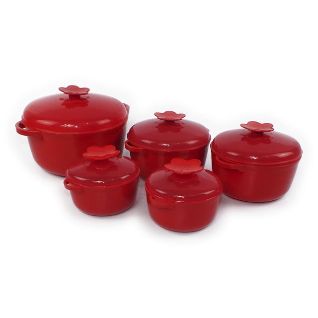 juego de 5 ollas de plastico con tapa y valvula para microondas rojo, incluye 1 grande (2.5 L, Ø21 cm x 10 cm), 2 medianas (1 L, Ø16 cm x 8 cm) y 2 chicas (500 ml, Ø12 cm x 6.7 cm); tapas rojas con válvula para microondas visible, asas laterales integradas y silueta redondeada, marca FoodKeepers hecho en México; también es adecuado para porcionar comidas para llevar.
