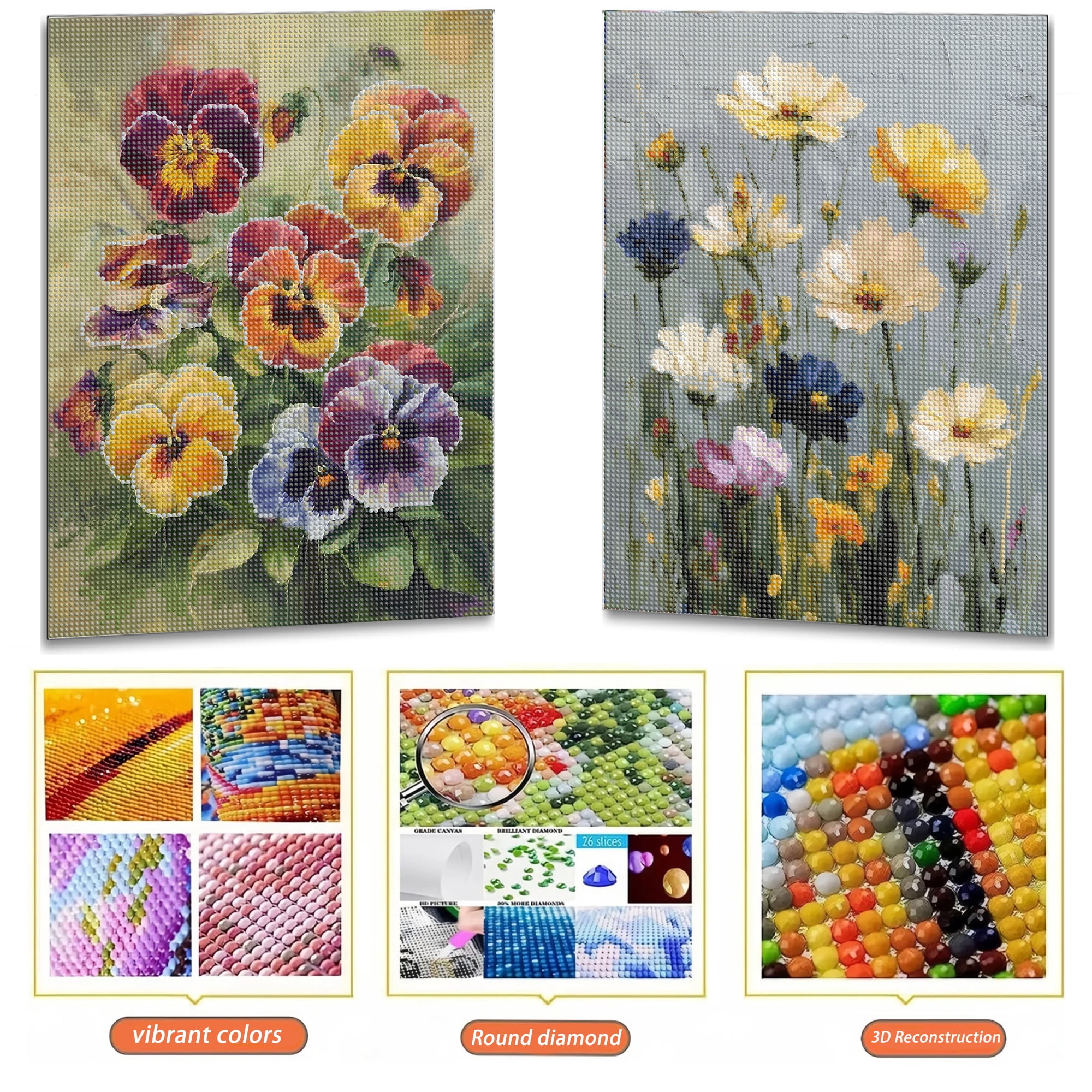Mosaflare Diamond Art Painting Kits,2-Pack Flower Craft Kits,Full Round Drill,Home Wall and Relaxing 12"×16"