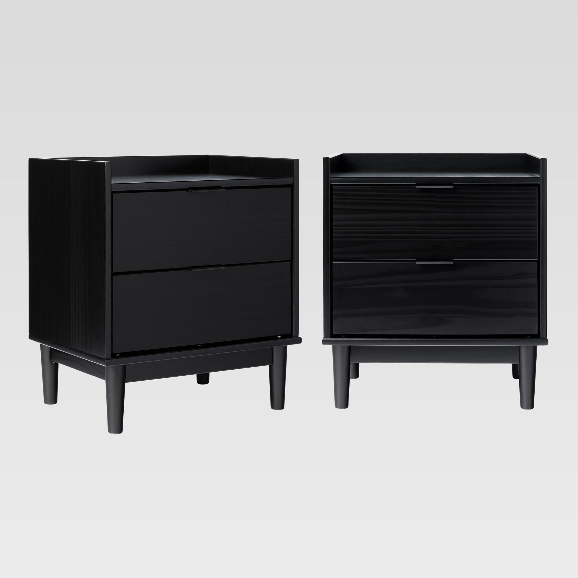 Walker Edison Mid-Century Modern Gallery-Top 2-Drawer Nightstand, 2 Pack, Black