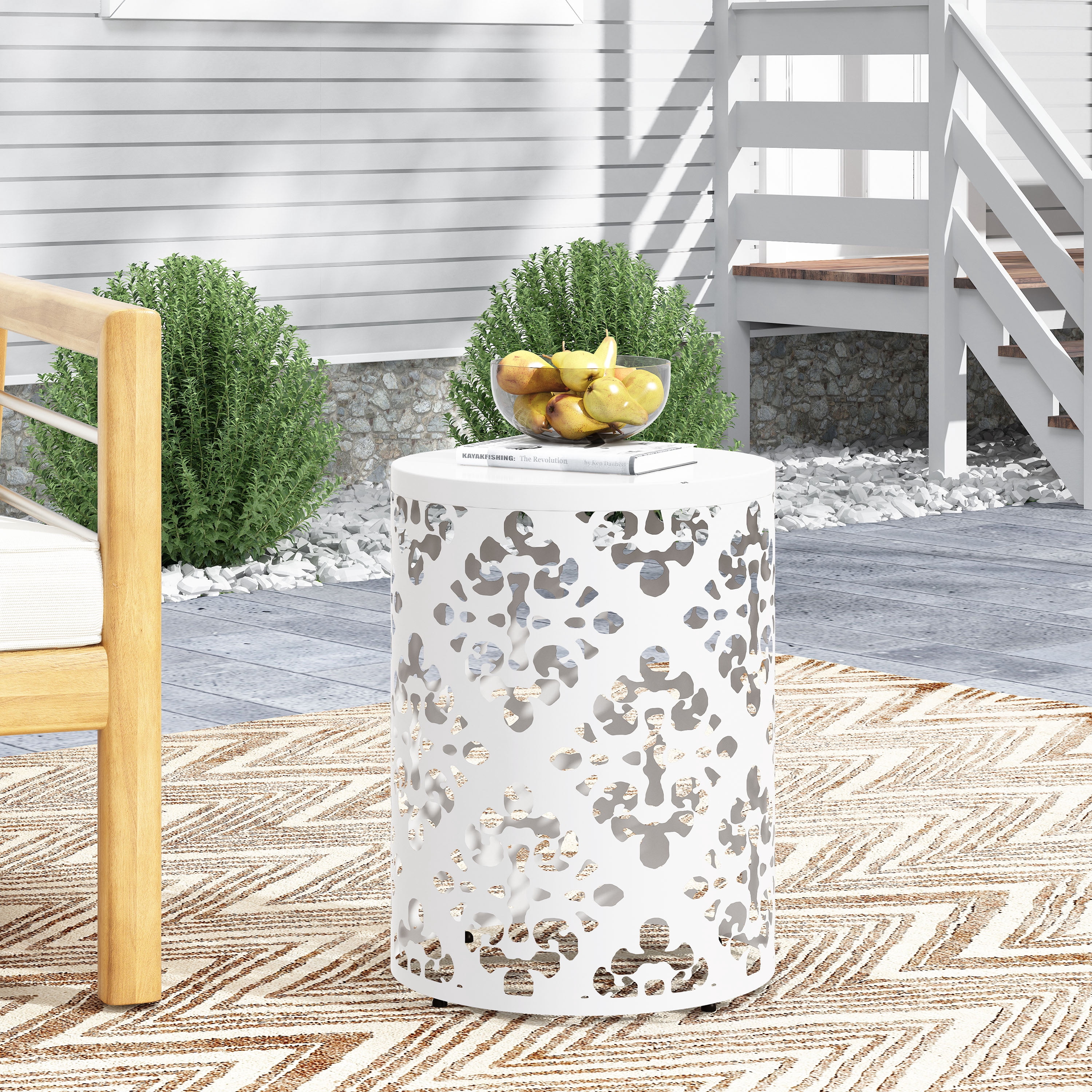 Outdoor Large Cylindrical Side Table, Floral Pattern Hollow Out Iron Tabletop for Patio Garden, White