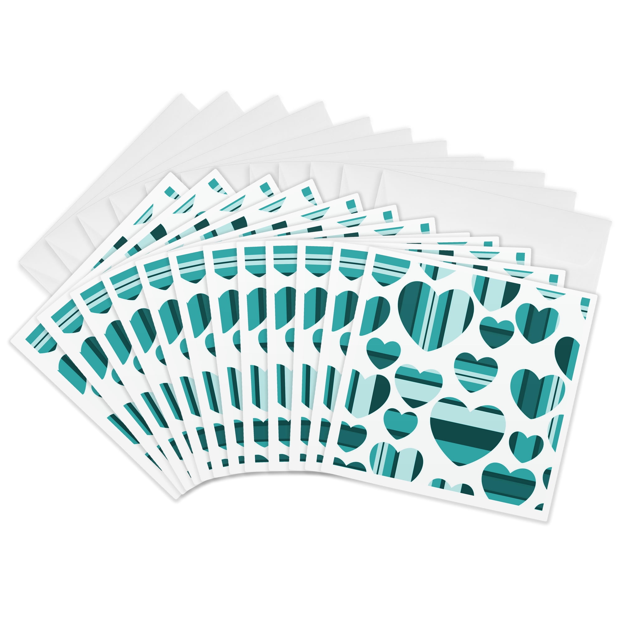 3drose Turquoise and White Large and Small Striped Hearts 12 Greeting Cards with Envelopes