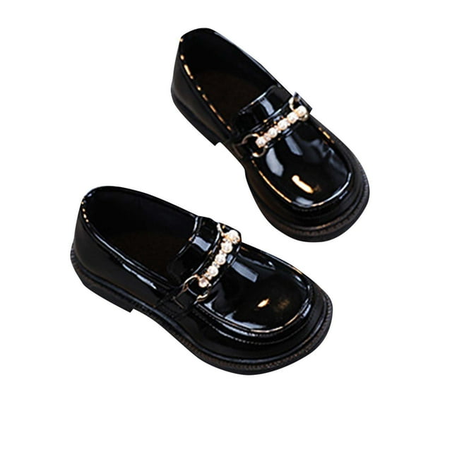 Mocassins à Plateforme pour Fille, à Enfiler, Chaîne, Talon Épais, Ballerines en Cuir, Bout Rond, Chaussures d'Uniforme Scolaire, Noires, 4-5 Ans