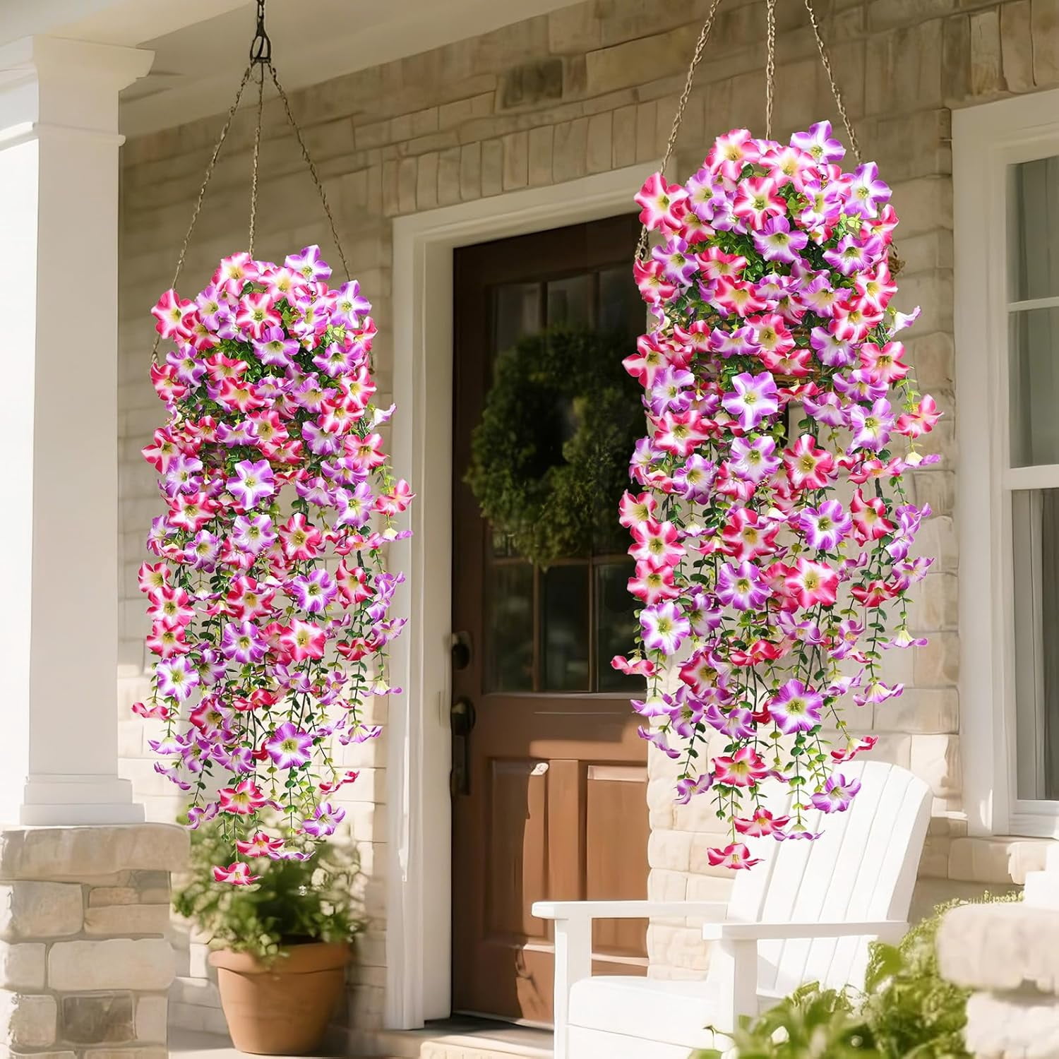 Lyacmy 4 Pcs Artificial Hanging Flowers for Outdoor Spring Decor, Rose Red Purple UV Resistant Fake Flower Petunias for Outdoor Garden Porch Patio Wedding Decor