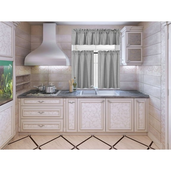 3-Piece K3 Silver Blackout Rod Pocket Kitchen Curtain Set, Two (2) Geometric Design Tier Panels With One (1) Matching Swag Valance Included
