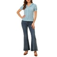 thumbnail image 2 of INSPIRE CHIC Women's Blouses Peter Pan Collar Puff Short Sleeves Ruffle Plaid Shirt Tops XS Blue, 2 of 7