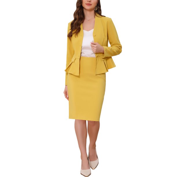 Conjuntos de trajes para mujeres INSPIRE CHIC, atuendos de negocios, blazer peplum sin cuello, falda lápiz formal, conjunto de 2 piezas, L amarillo