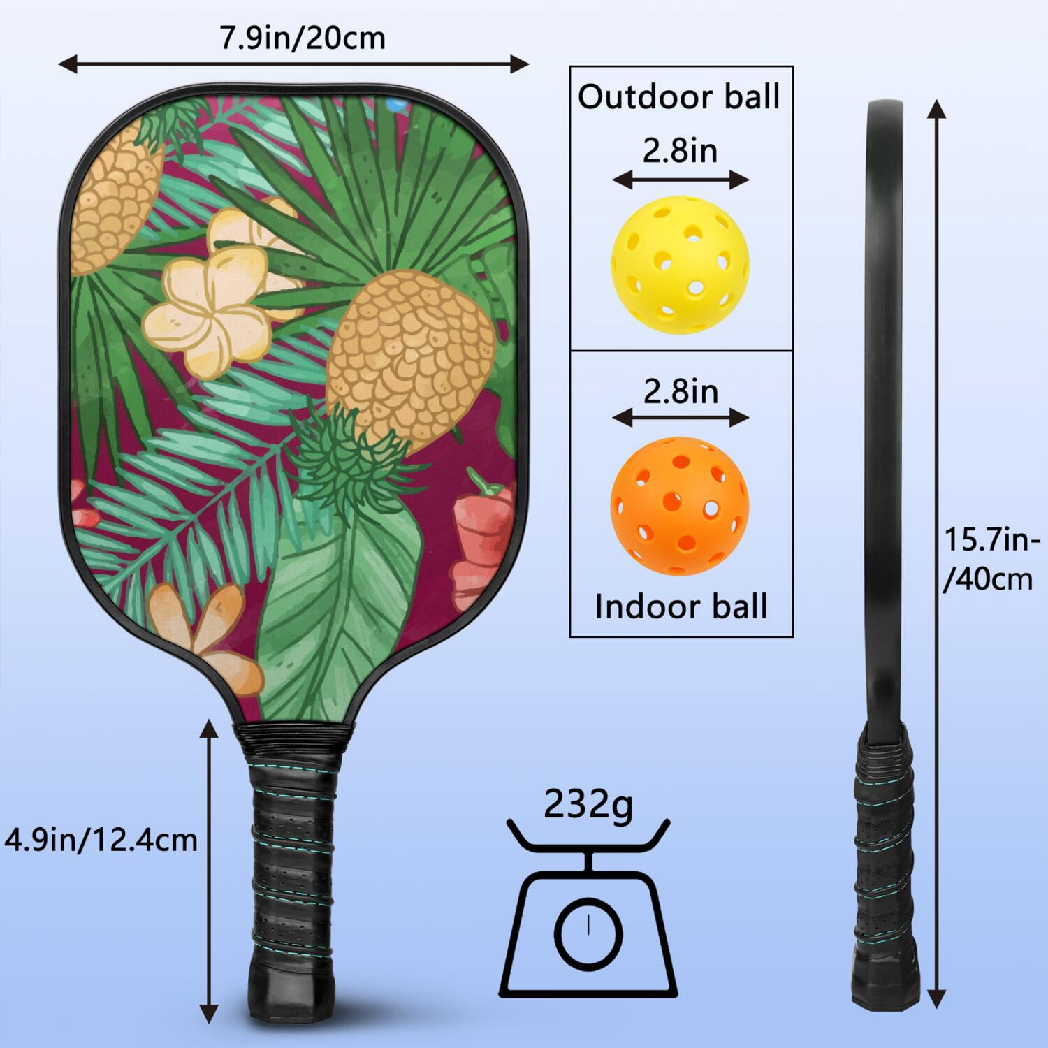 Pickleball Paddles Set Of 2, Fiberglass Surface, Tropical Jungle Print, 4 Balls & Bag