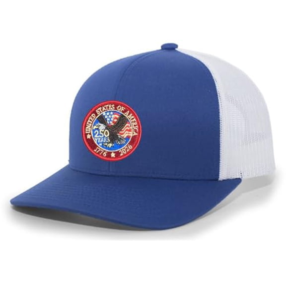 Patriot Pride Men's Patriotic Mesh Snapback Trucker Hat - Vinage Eagle 'Merica Since 1776 250 Year Anniversary Patch, Royal/White