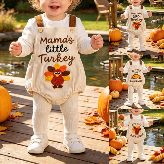 Faraee Baby Boy Girl My 1st Thanksgiving Outfit Sleeveless Turkey Bubble Romper Overalls Embroidered Waffle Newborn Bodysuit Clothes 0 3 6 9 12 18 Months