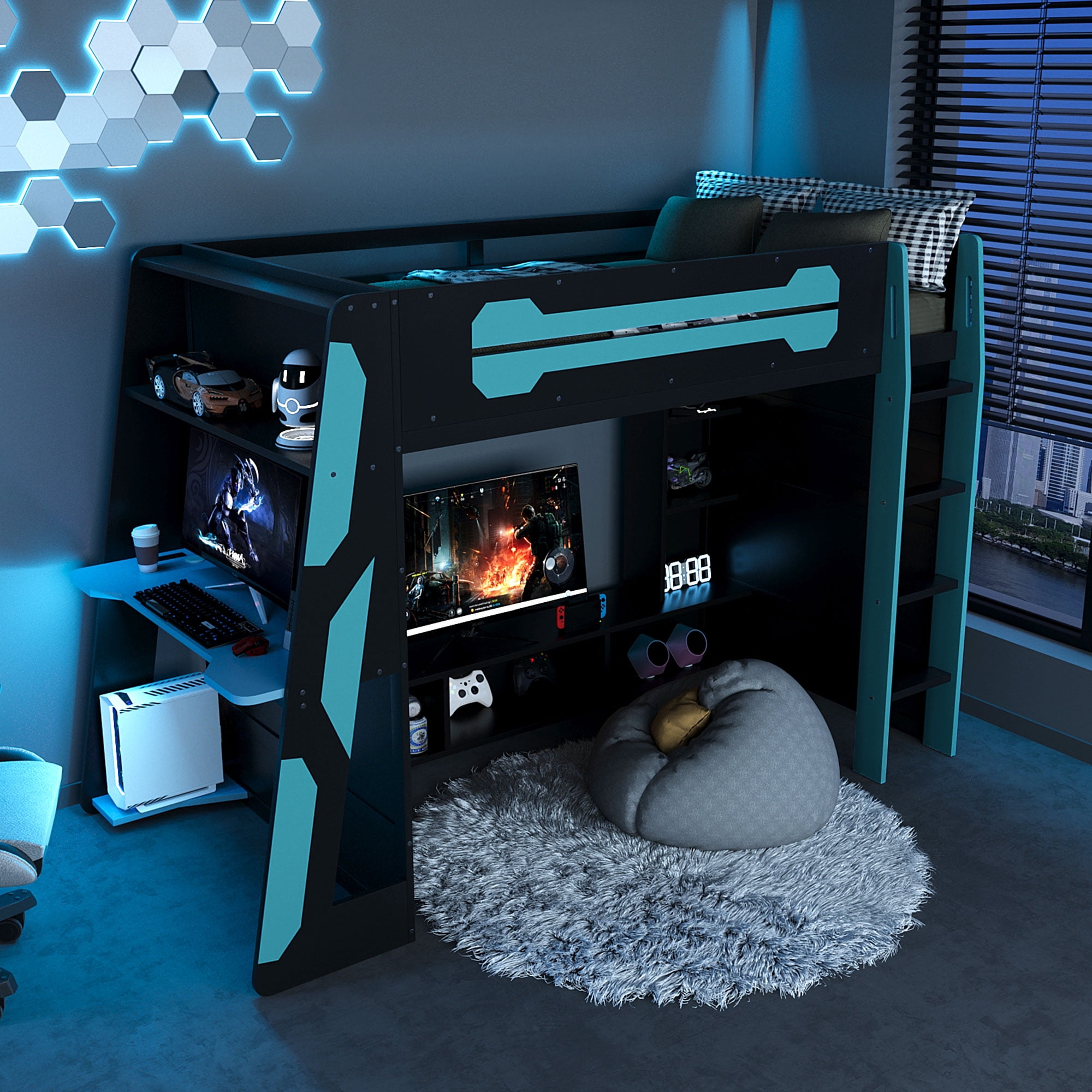Mintazer Twin Size Gaming Loft Bed with Desk, LED Light & Charging Station, Kids Platform Bed Frame with Storage Shelves for Teens, Black & Blue