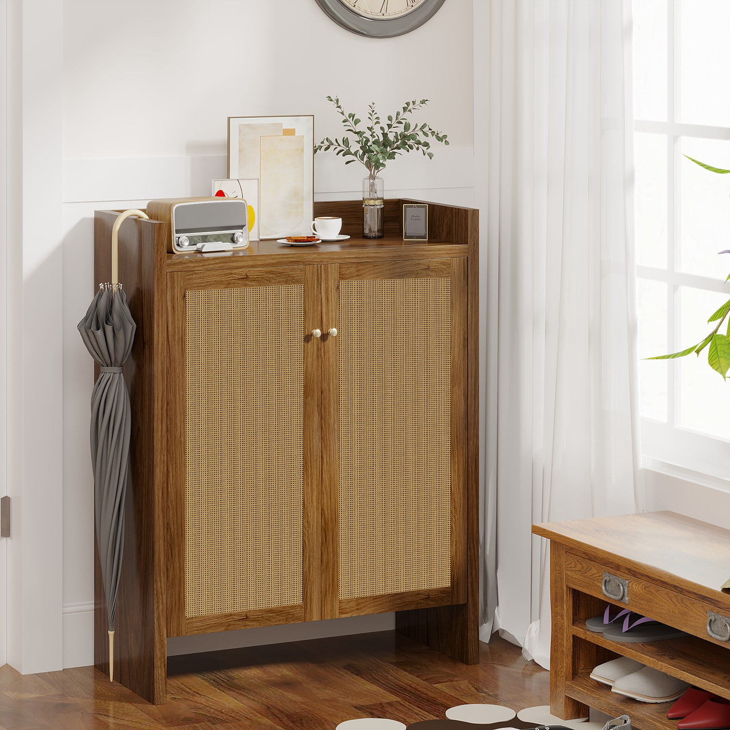 42.5" Tall Rattan Shoe Cabinet with Doors, 6-Tier Wooden Freestanding Shoe Storage Organizer with Adjustable Shelves, Mid-Century Entryway Shoe Cabinet for Hallway & Living Room