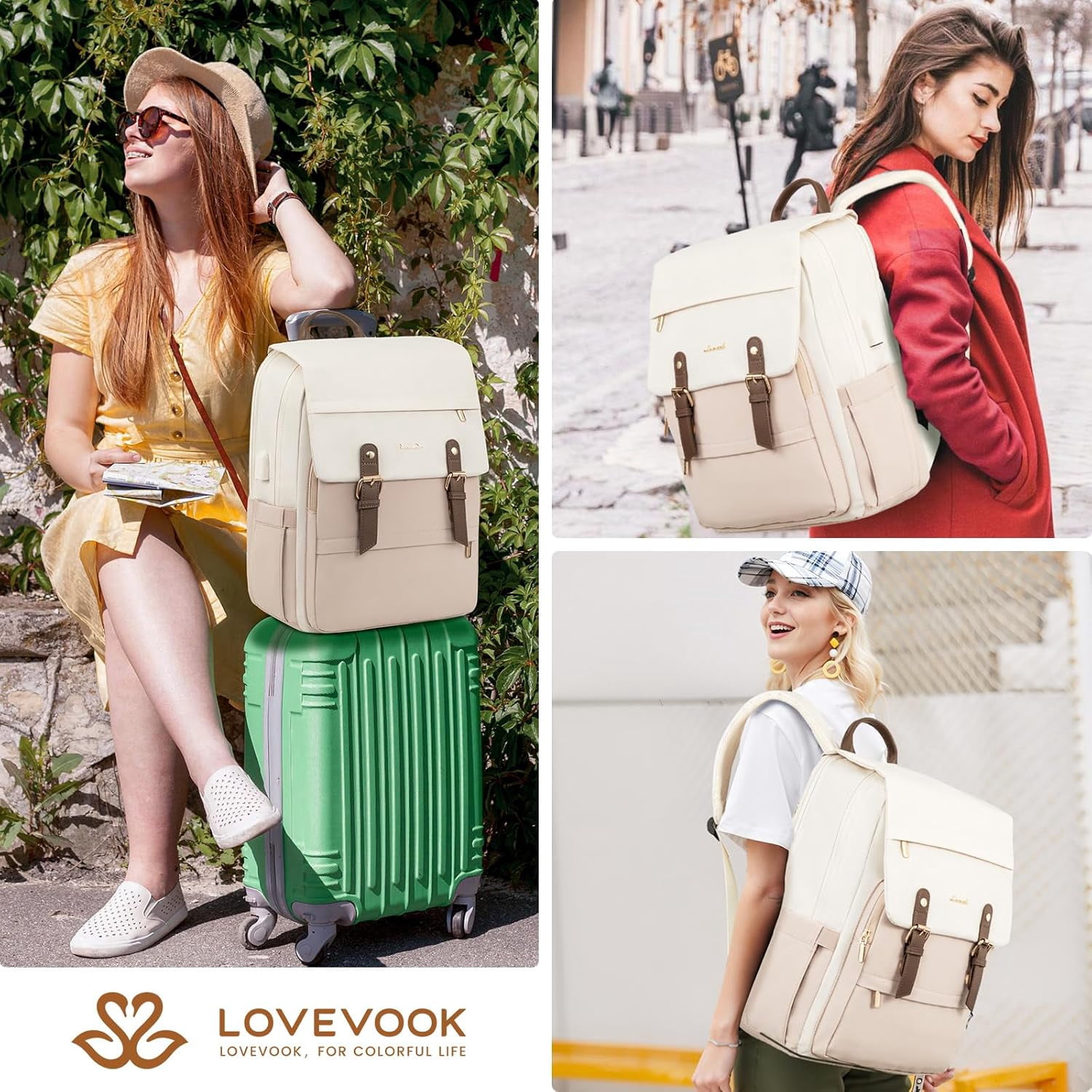 Lovevook Laptop Backpack for Women, Vintage Teacher College Nurse Work Computer Bag Fit 15.6" Laptop with USB Port, Waterproof Travel Backpack Purses