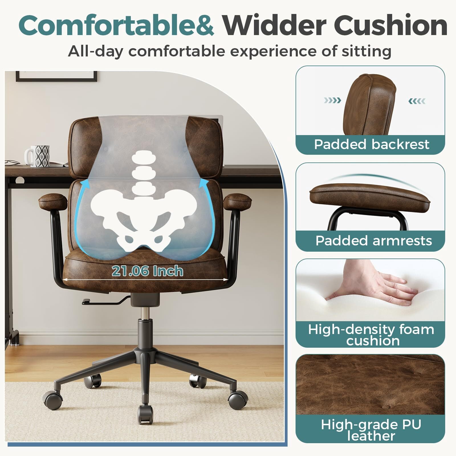 Kelno Ergonomic PU Leather Office Chair 350lbs Capacity High Back Computer Chair with Lumbar Support Adjustable Rolling Swivel Task Chair, Brown