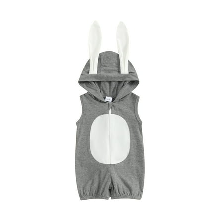 

Qtinghua Newborn Infant Baby Boy Girl Easter Hooded Romper Sleeveless Zip Up 3D Rabbit Ear Jumpsuit Clothes Gray 6-12 Months