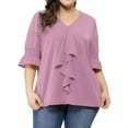 thumbnail image 3 of Agnes Orinda Women's Plus Size Blouse Ruffle Front Smocked Sleeves V Neck Solid Casual Tops 2X Purple, 3 of 9
