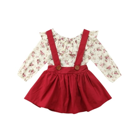 

Gwiyeopda Baby Girl Cute Skirt Suit with Ruffled Floral Print Long Sleeve Tops with Solid Color Straps and Puff Dress Set 1-6 Years