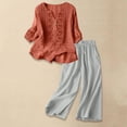 thumbnail image 2 of Women's Casual Solid Color Cotton Linen Embroidered Pants Suit Set, 2 of 8
